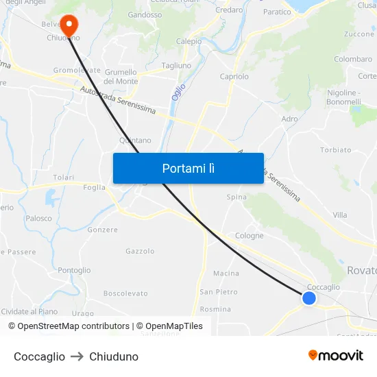 Coccaglio to Chiuduno map