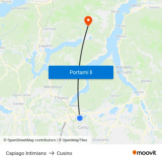 Capiago Intimiano to Cusino map