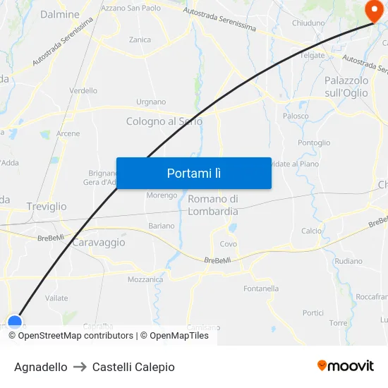 Agnadello to Castelli Calepio map
