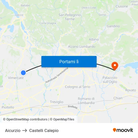Aicurzio to Castelli Calepio map