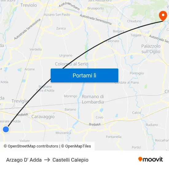 Arzago D' Adda to Castelli Calepio map