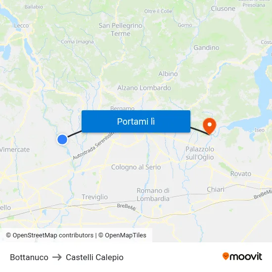 Bottanuco to Castelli Calepio map