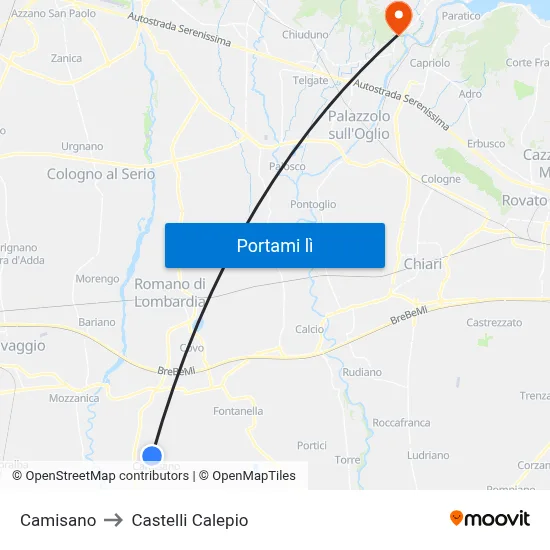 Camisano to Castelli Calepio map