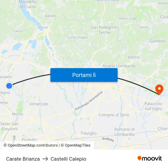 Carate Brianza to Castelli Calepio map