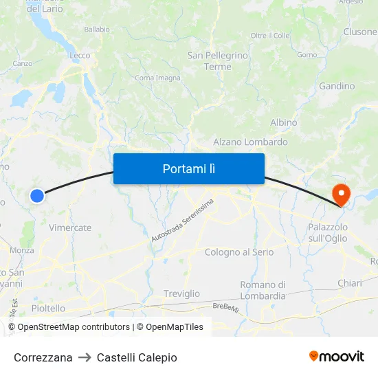 Correzzana to Castelli Calepio map