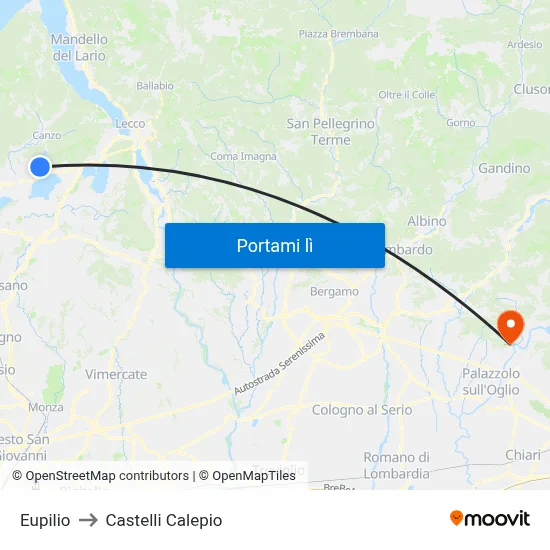 Eupilio to Castelli Calepio map