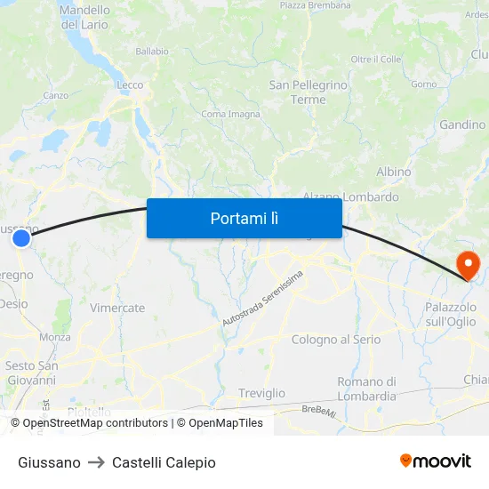 Giussano to Castelli Calepio map