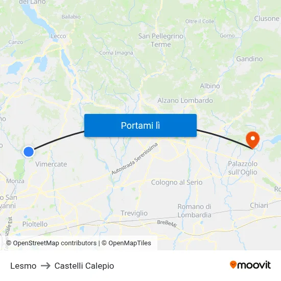 Lesmo to Castelli Calepio map