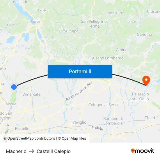 Macherio to Castelli Calepio map