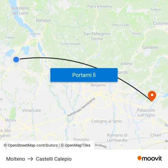 Molteno to Castelli Calepio map