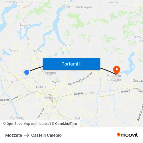 Mozzate to Castelli Calepio map