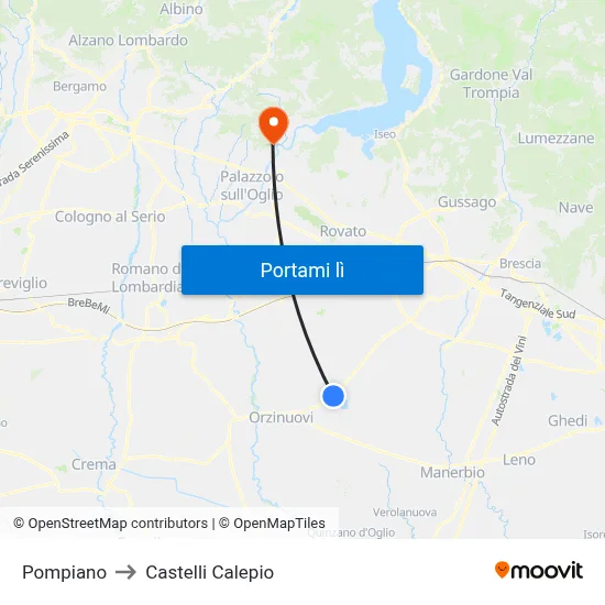 Pompiano to Castelli Calepio map