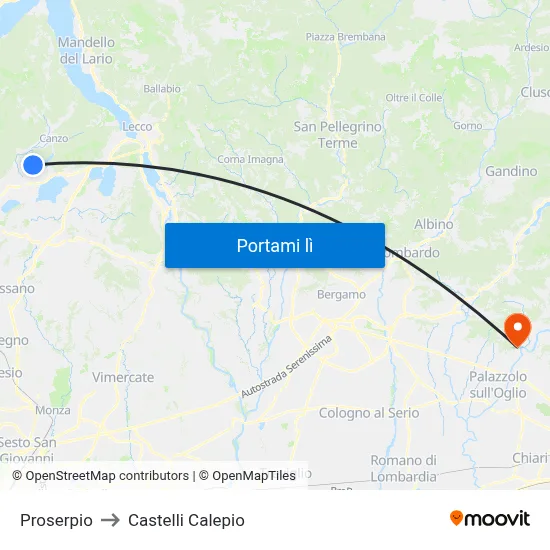 Proserpio to Castelli Calepio map