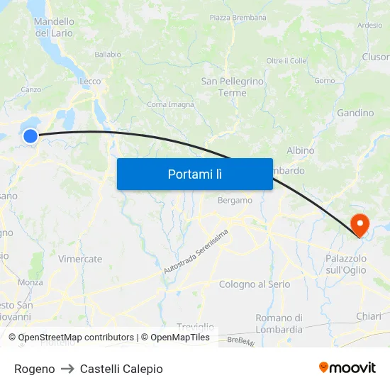 Rogeno to Castelli Calepio map