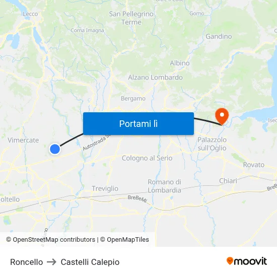 Roncello to Castelli Calepio map