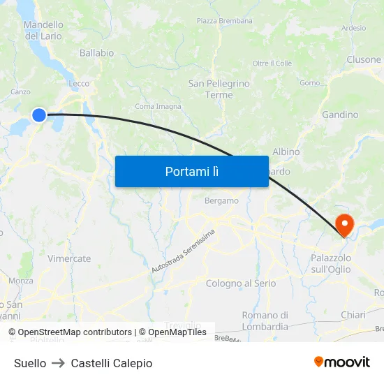 Suello to Castelli Calepio map