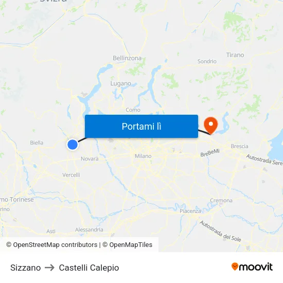 Sizzano to Castelli Calepio map