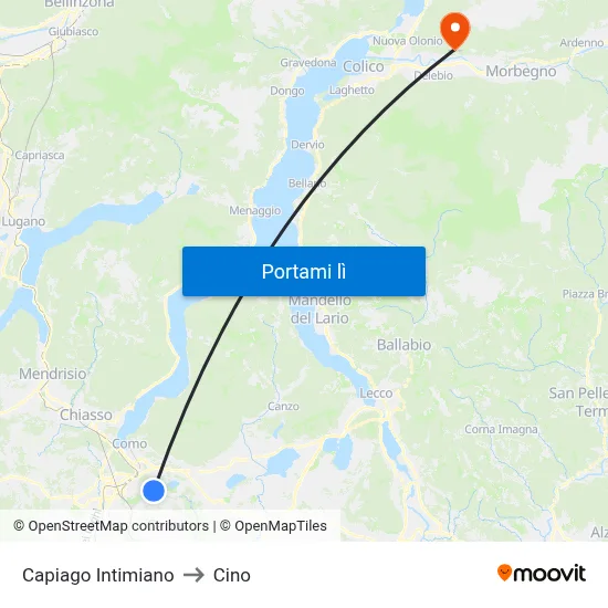 Capiago Intimiano to Cino map
