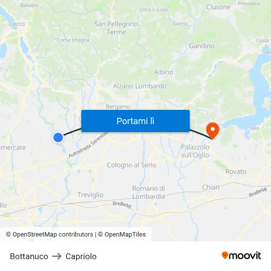 Bottanuco to Capriolo map
