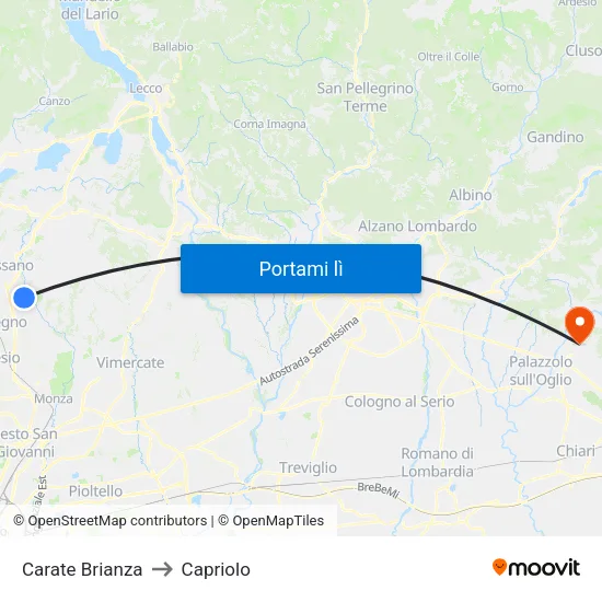 Carate Brianza to Capriolo map