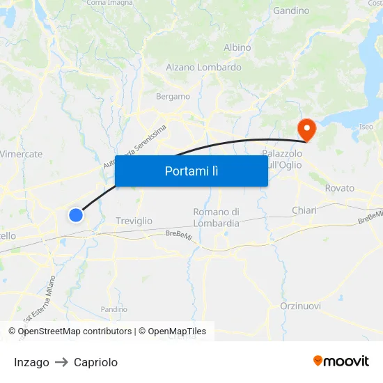 Inzago to Capriolo map