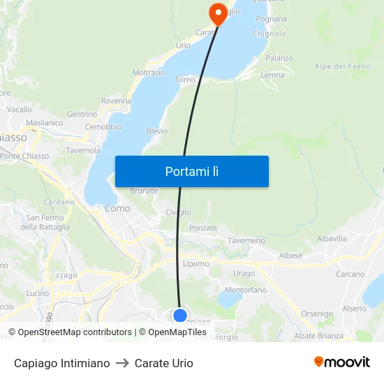 Capiago Intimiano to Carate Urio map