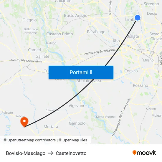 Bovisio-Masciago to Castelnovetto map