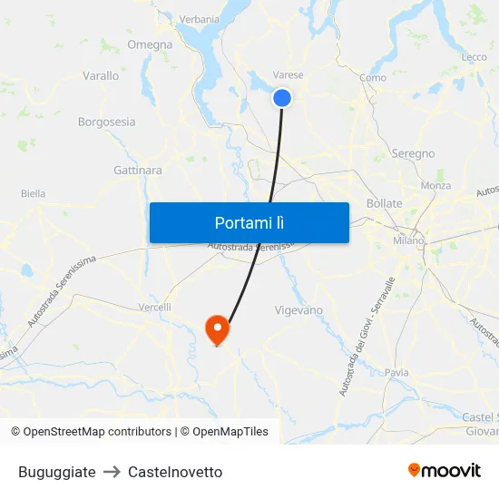 Buguggiate to Castelnovetto map