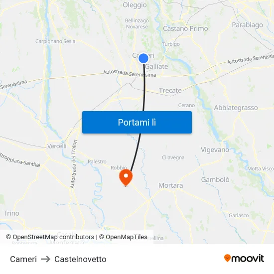 Cameri to Castelnovetto map