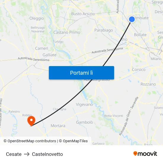 Cesate to Castelnovetto map
