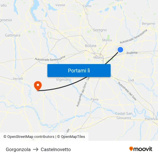 Gorgonzola to Castelnovetto map