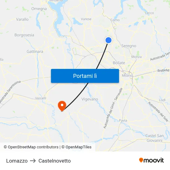 Lomazzo to Castelnovetto map