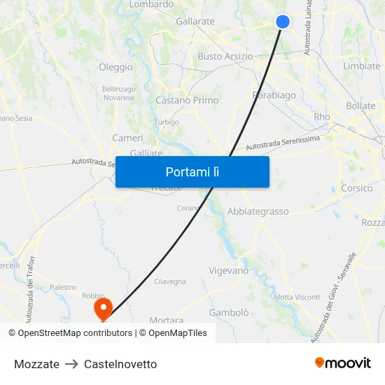 Mozzate to Castelnovetto map