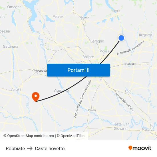 Robbiate to Castelnovetto map