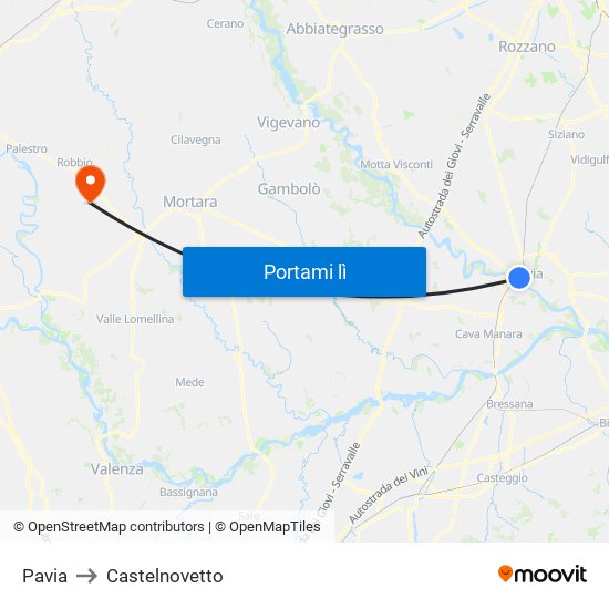Pavia to Castelnovetto map