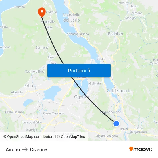 Airuno to Civenna map