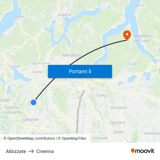 Albizzate to Civenna map