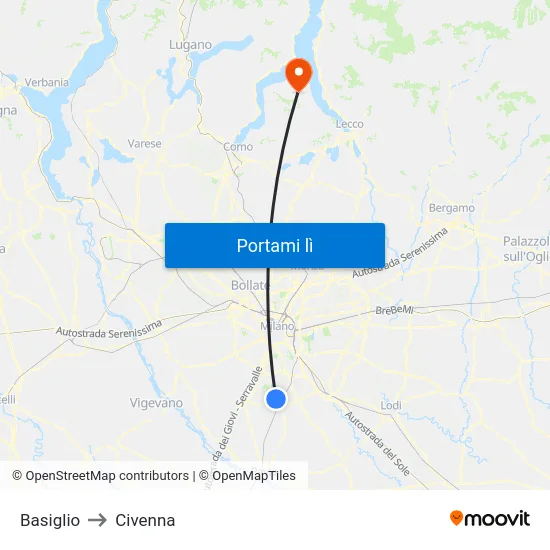 Basiglio to Civenna map