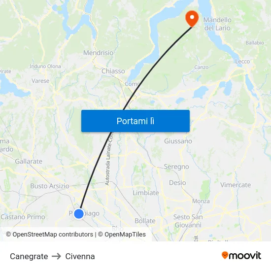 Canegrate to Civenna map