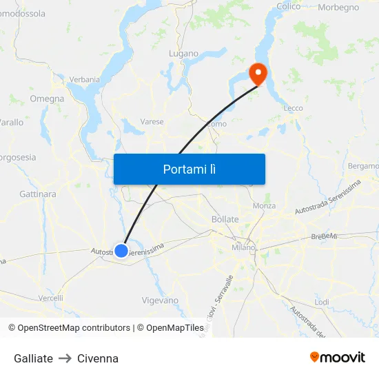 Galliate to Civenna map