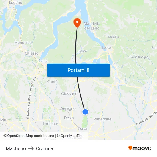 Macherio to Civenna map