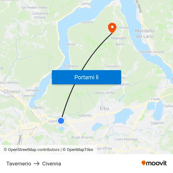 Tavernerio to Civenna map