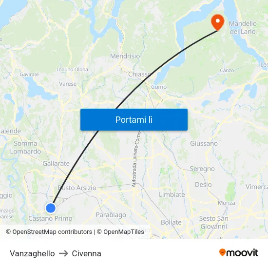 Vanzaghello to Civenna map