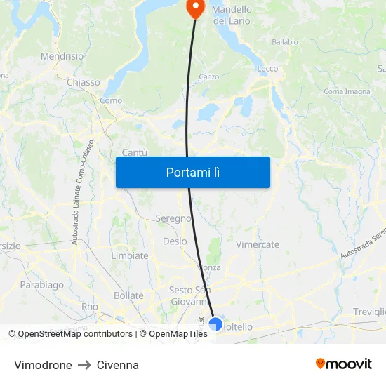 Vimodrone to Civenna map