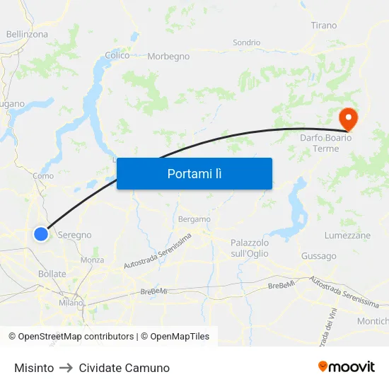 Misinto to Cividate Camuno map