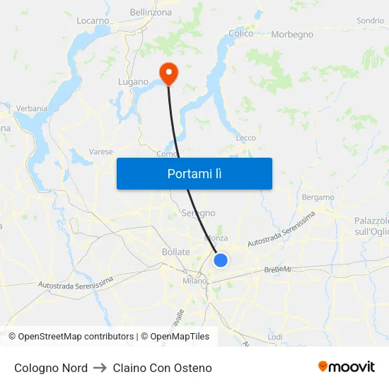Cologno Nord to Claino Con Osteno map