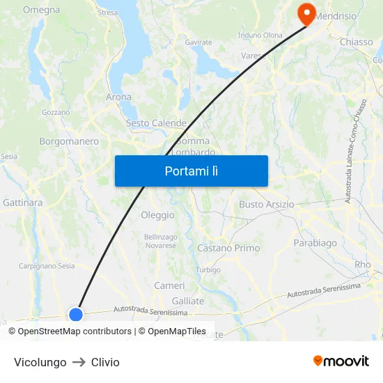 Vicolungo to Clivio map