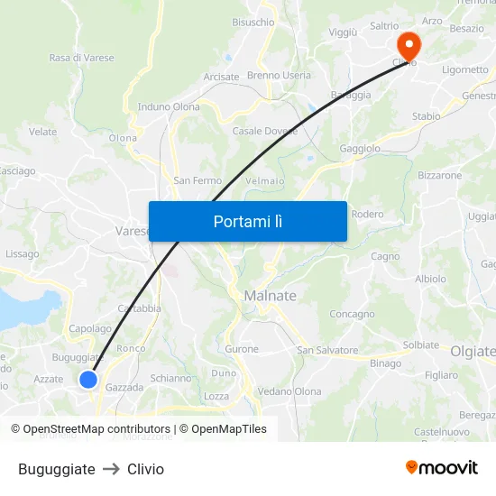 Buguggiate to Clivio map