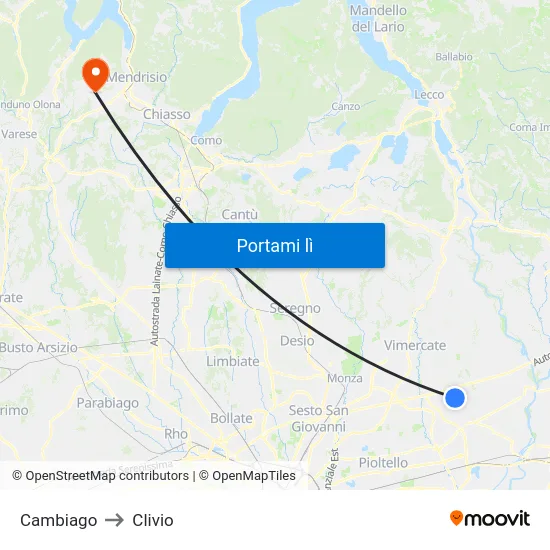 Cambiago to Clivio map