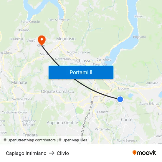 Capiago Intimiano to Clivio map